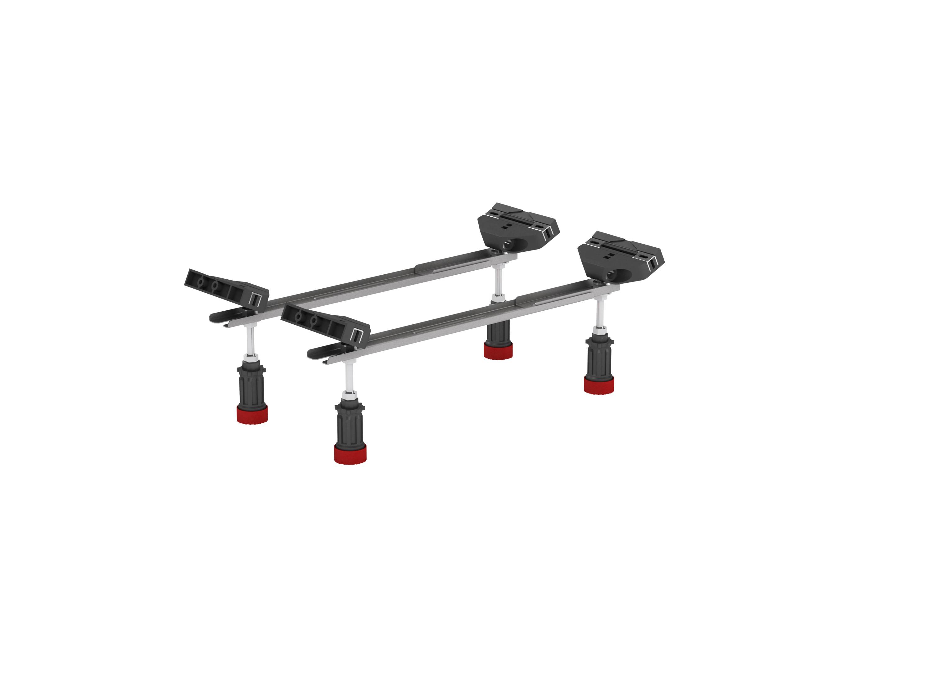 Verstellbare Möbelstützfüße mit roten Basen und schwarzen Rahmen, entwickelt zum Stabilisieren und Ausgleichen von Möbeln auf unebenen Oberflächen.