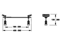 Balustrademaße: Höhe 1300 mm, Länge verstellbar 100-550 mm, Basis 450-550 mm.