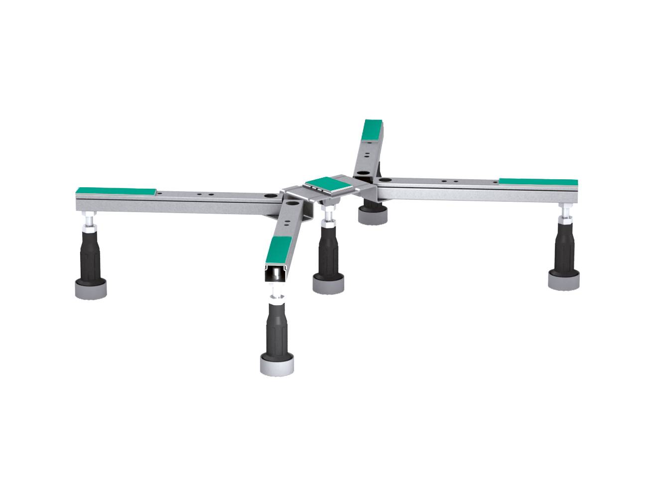 Verstellbarer Werkzeugständer mit vier ausziehbaren Beinen, rutschfesten Füßen und grünen gepolsterten Griffen, entwickelt zum sicheren Halten schwerer Ausrüstung.