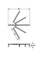 Diagramm eines Faltmechanismus mit Maßangaben, das einen Schnittansicht von Armen zeigt, die sich um eine zentrale Achse drehen, mit Höhenspezifikationen.