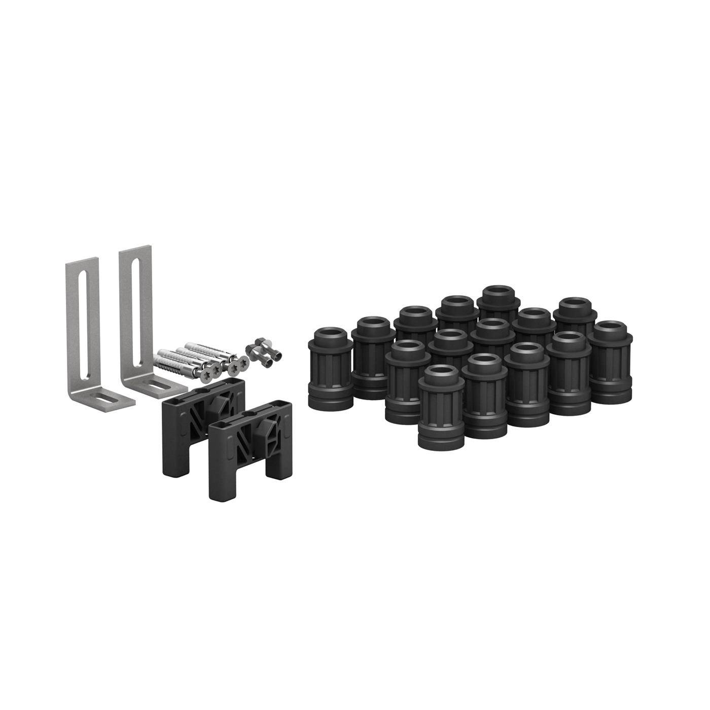 Verschiedene schwarze und silberne Montagehardware-Teile, darunter Halterungen, Bolzen und zylindrische Abstandhalter, angeordnet auf weißem Hintergrund.