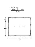 Technische Zeichnung eines rechteckigen Tanks mit Abmessungen. Draufsicht zeigt 1000 mm Breite, 1200 mm Höhe und 280 mm mit Anschlüssen auf der Oberseite.