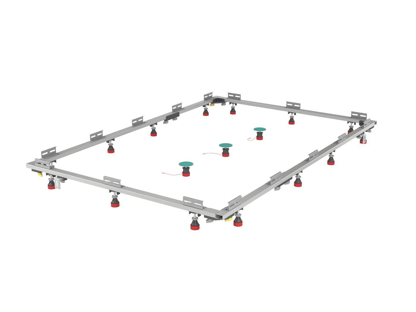Isometrische Ansicht eines erhobenen modularen Bodenstützrahmens mit verstellbaren Sockelfüßen und einigen mittleren Sockeln, die das strukturelle Layout zeigen.