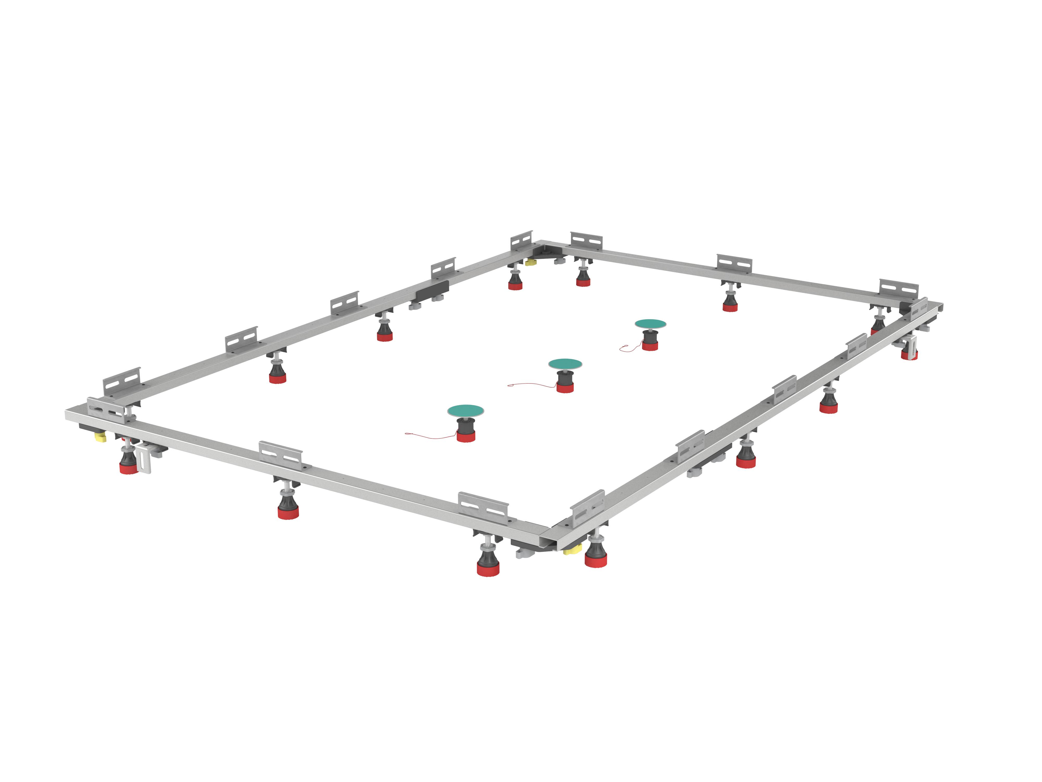 Ein Erhöhtesystem mit Metallrahmen und verstellbaren Sockeln, konzipiert für modulare Installation in gewerblichen Räumlichkeiten.