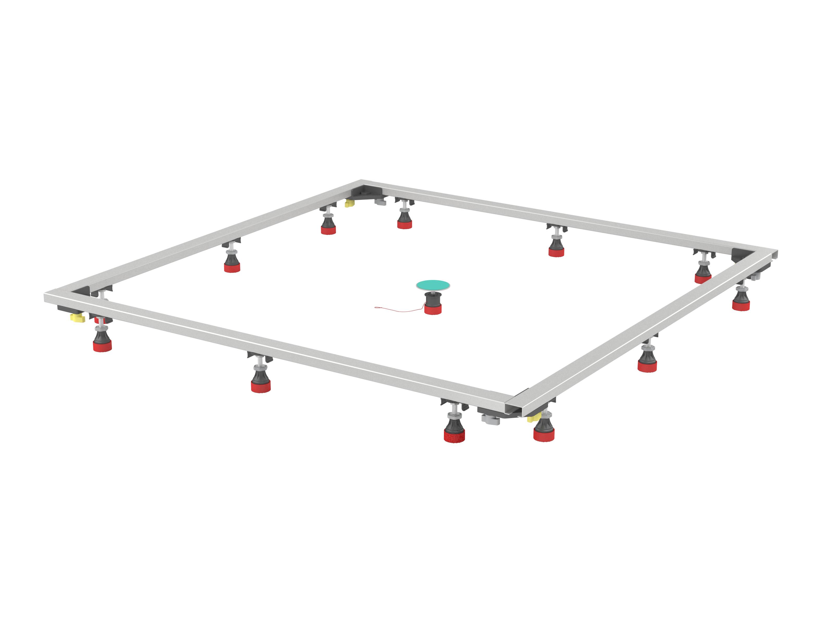 Ein quadratischer Metallrahmen mit mehreren verstellbaren Füßen und einer zentralen grünen Komponente auf weißem Hintergrund.