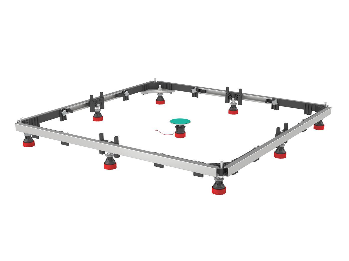 Ein quadratischer Metallrahmen mit mehreren roten verstellbaren Füßen und Montageklammern, auf weißem Hintergrund dargestellt, wahrscheinlich eine Nivellier- oder Stützbase.