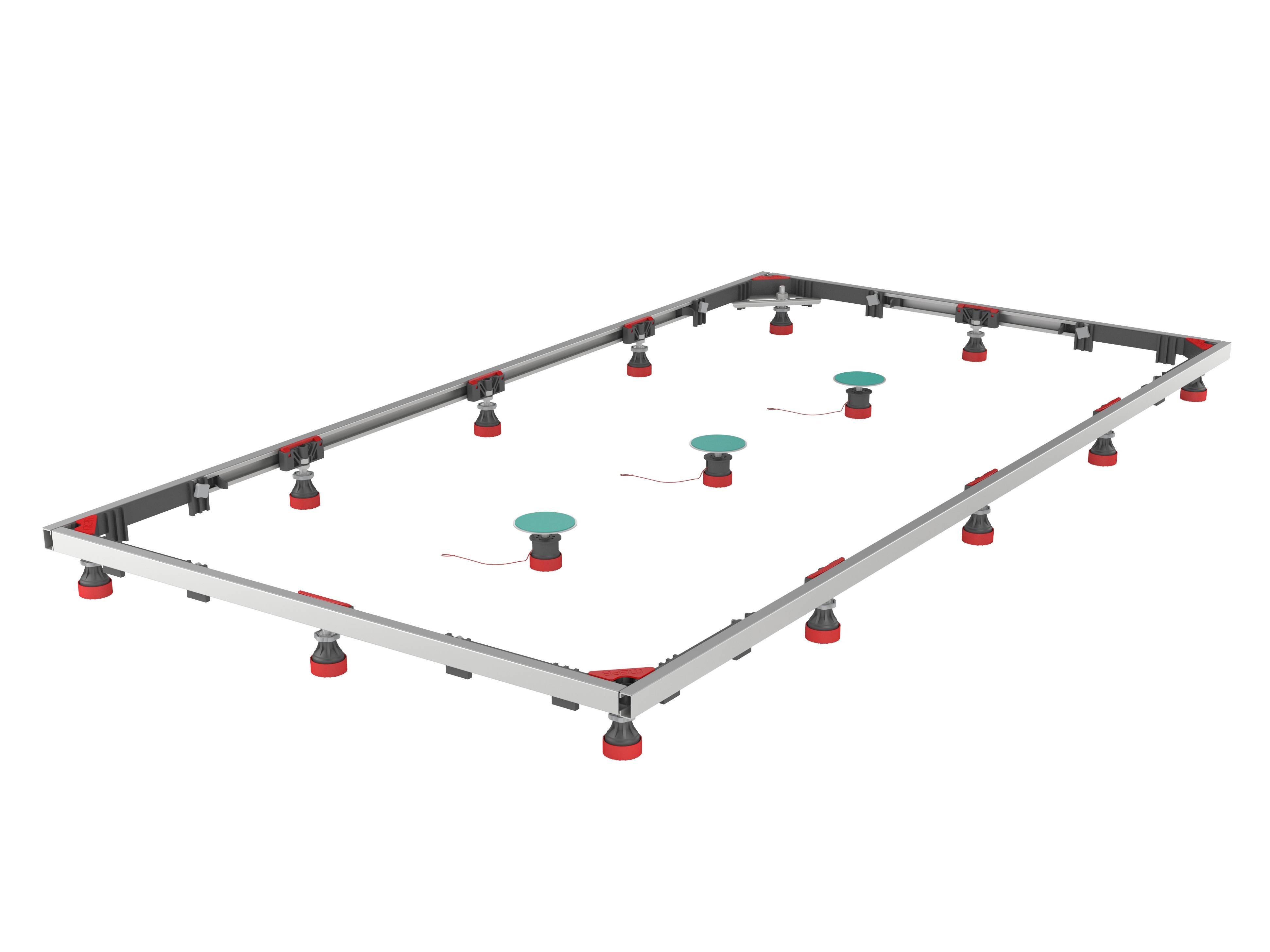 Ein großer rechteckiger Metallrahmen mit verstellbaren roten und schwarzen Stützen, der ein Nivellierungssystem mit sechs runden grünen Markierungen zeigt.