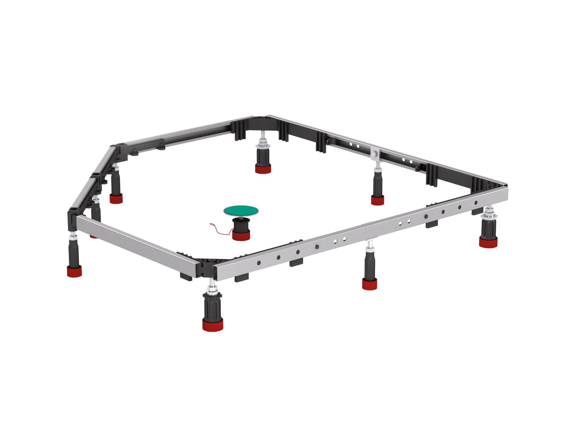 Eine verstellbare, modulare Plattformrahmen mit mehreren Stützbeinen und einer zentralen kreisförmigen Komponente. Geeignet für präzise Nivellierungsaufgaben.