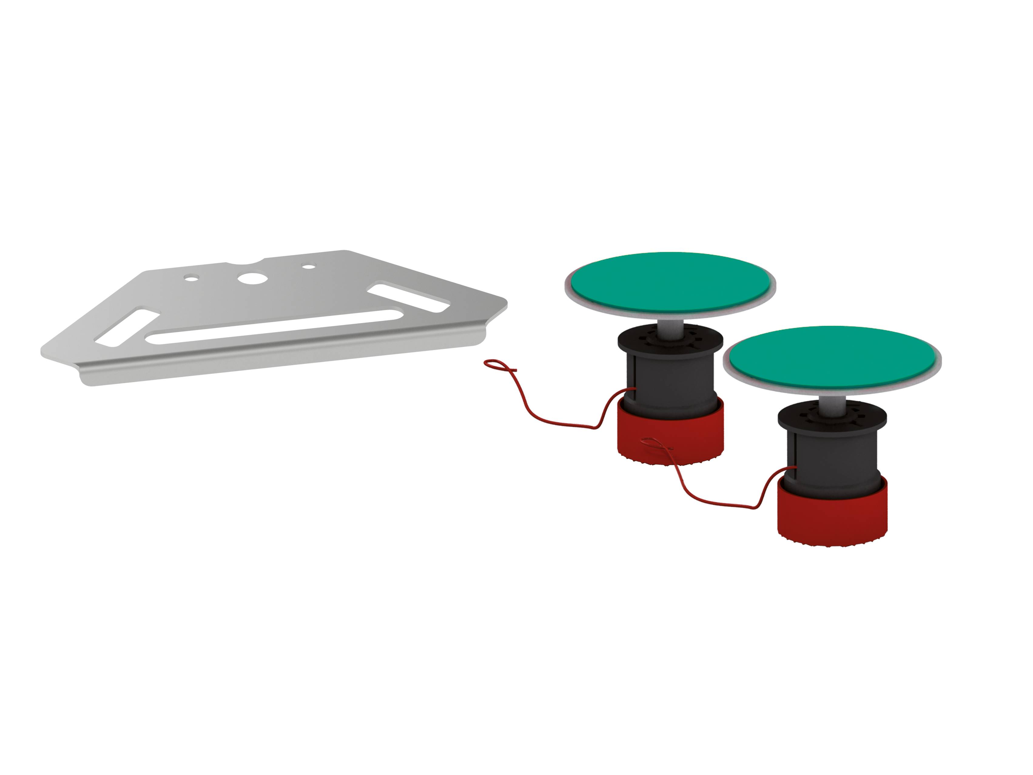 Zwei grüne Scheiben auf schwarzen zylindrischen Basen sind mit einer Metallplatte in rechteckiger Form verdrahtet. Das Bild scheint einen elektrischen Komponentenaufbau zu veranschaulichen.