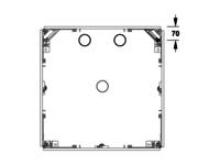 Diagramm einer quadratischen Box mit abgerundeten Löchern in jeder Ecke und einem Loch in der Mitte. Die rechte Seite zeigt eine Messung von 70 Einheiten.