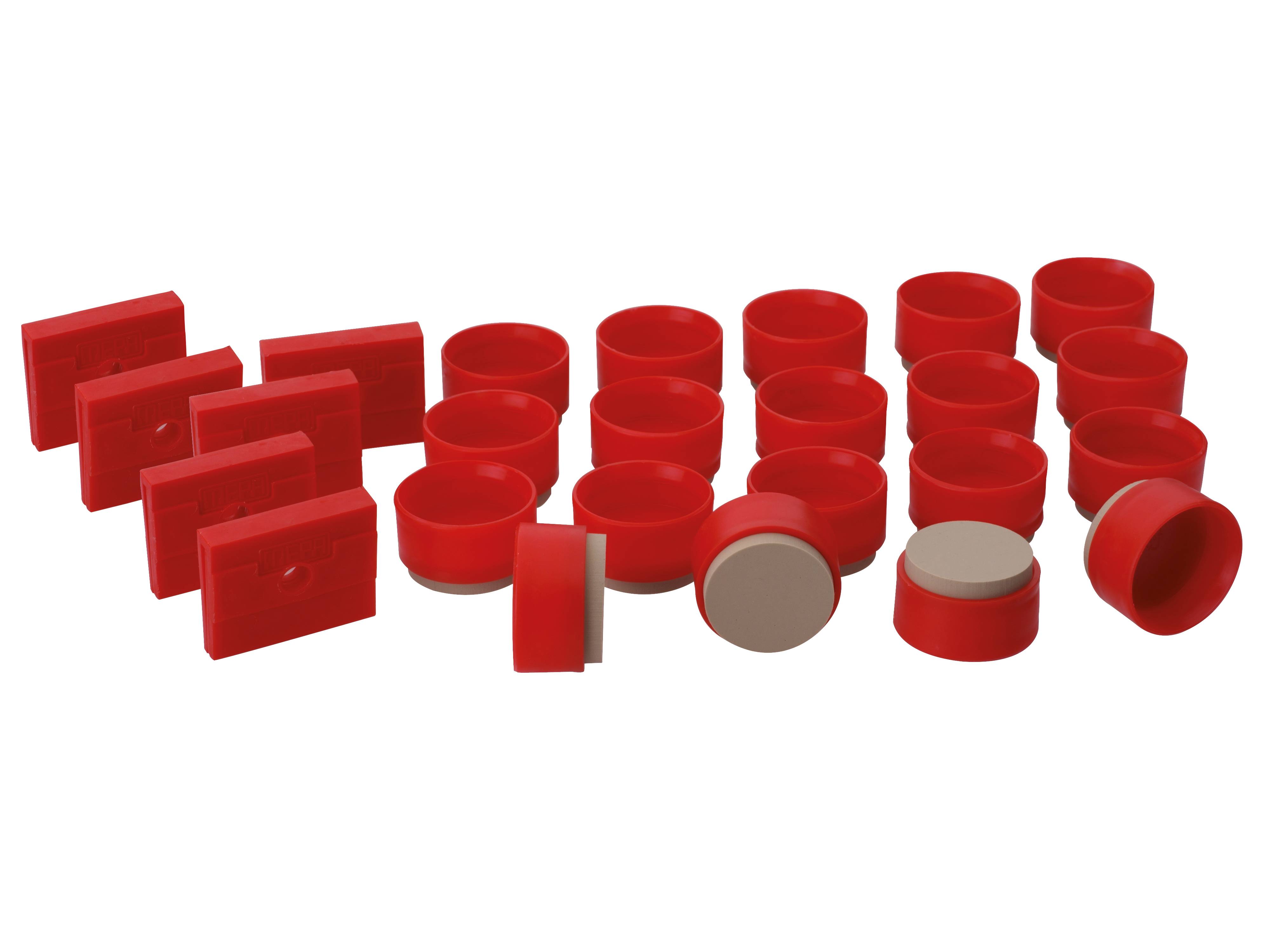 Set mit roten Endstopfen umfasst rechteckige und runde Komponenten, die zur effektiven Blockierung oder Versiegelung von rohrförmigen Öffnungen verwendet werden.