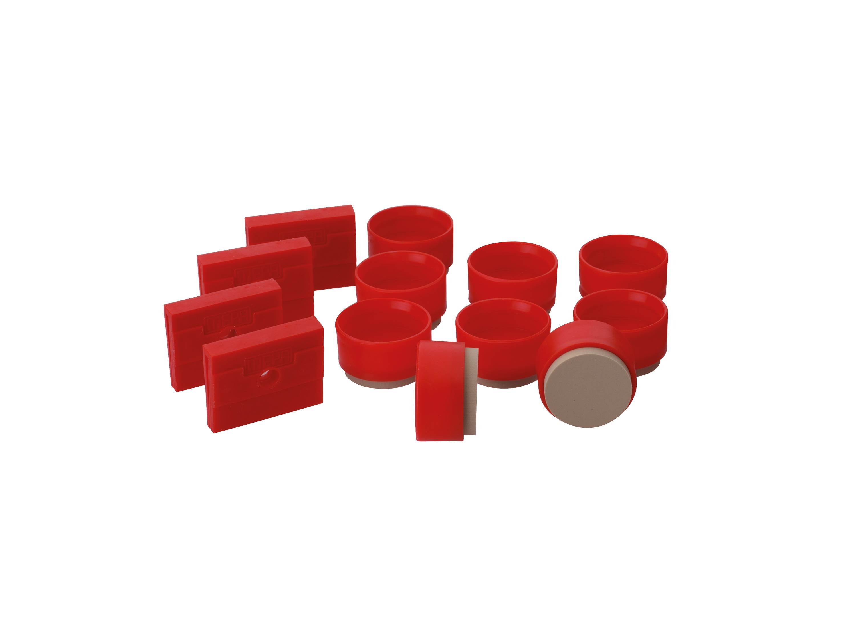 Rote, runde und rechteckige Silikonpfannenschutz auf einer weißen Oberfläche für den Küchengebrauch angeordnet, die Kratzer verhindern und effizientes Stapeln ermöglichen.