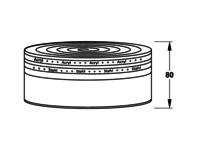 Technische Zeichnung von 'Alice': Ein zylindrisches Objekt mit einer Höhe von 80. Eine Draufsicht zeigt mehrere konzentrische Kreise.