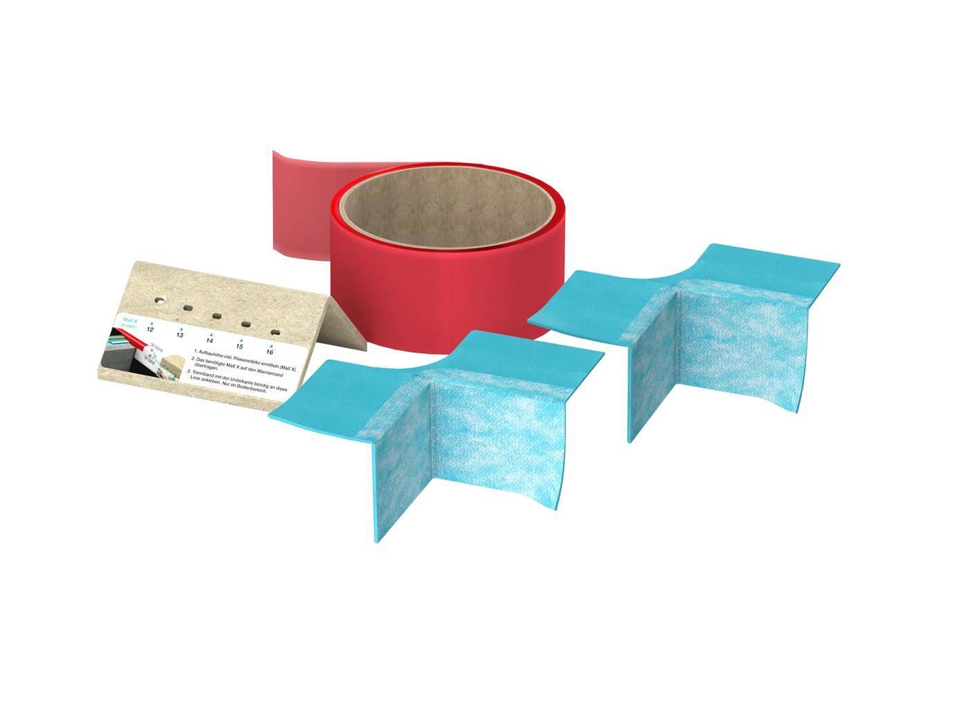 Drei Rollen Klebeband: rotes Klebeband in der Mitte, blaues Klebeband auf beiden Seiten und eine beige Rolle mit einem Produktetikett.