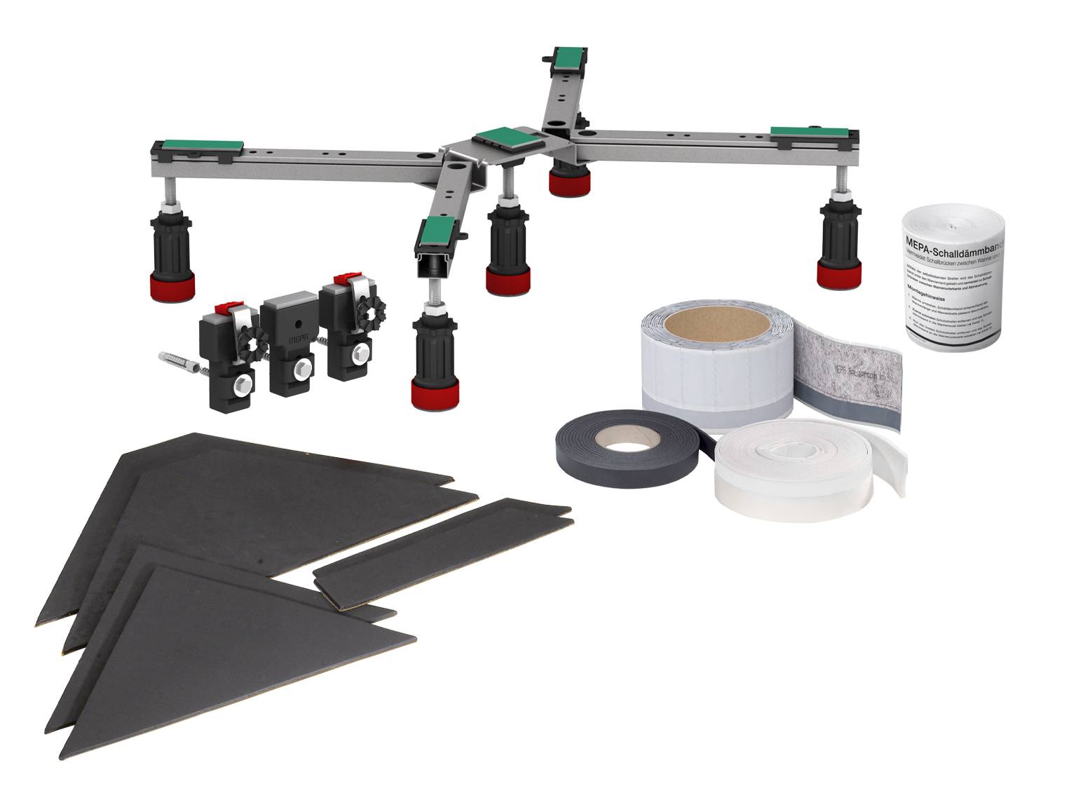 Möbel-Bausatz mit Metall- und Gummiteilen, Klebstoffen und schwarzen Paneelen, bereit für Bau- oder Reparaturprojekte.