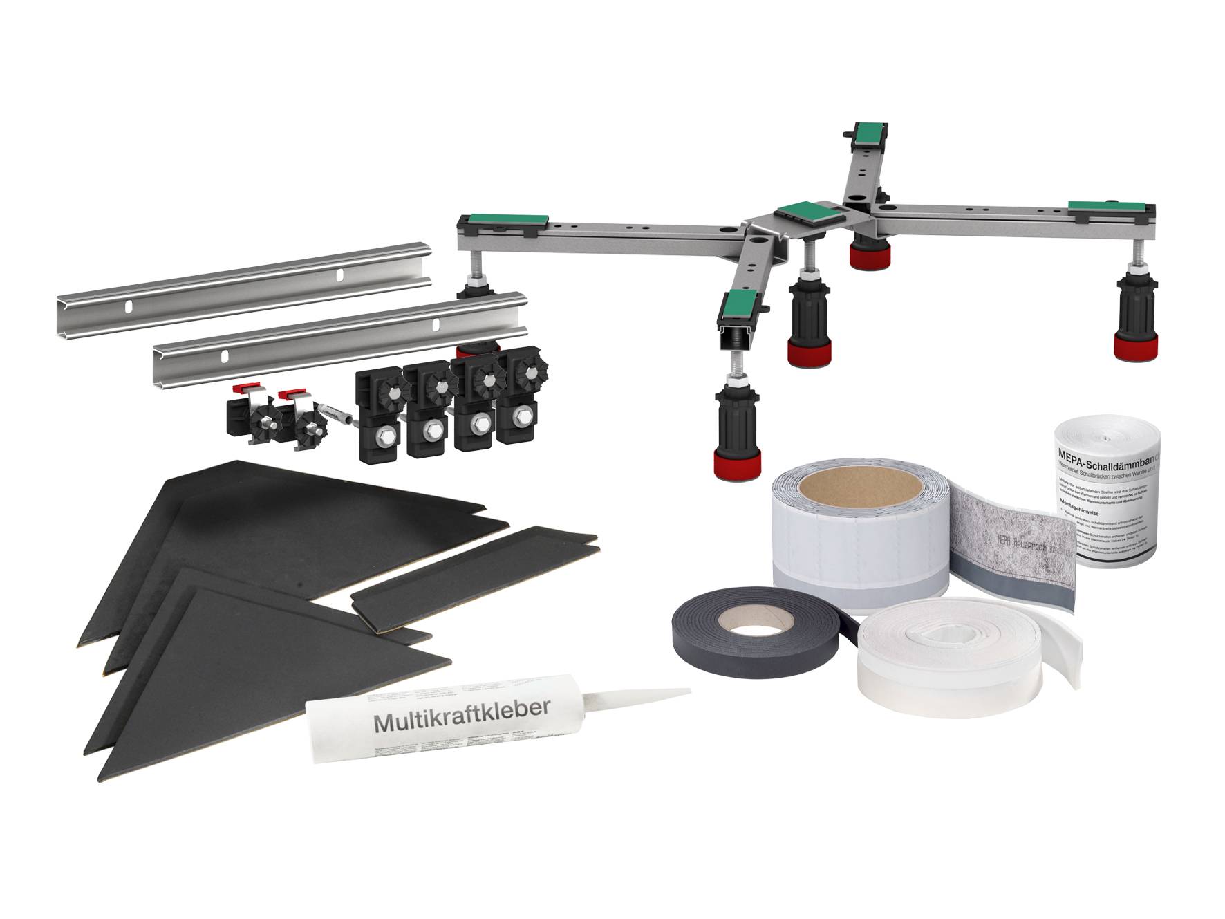 Möbel-Montage-Set mit Metallhalterungen, Schrauben, Klebstofftuben und Schutzpolstern. Ideal für Heimwerker.