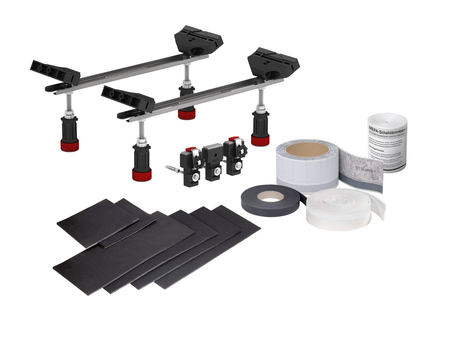 Ein Satz Dachträgerkomponenten mit Rollen von Klebeband und rechteckigen Polstern, die zum Montieren oder Befestigen von Zubehör auf dem Fahrzeugdach verwendet werden.