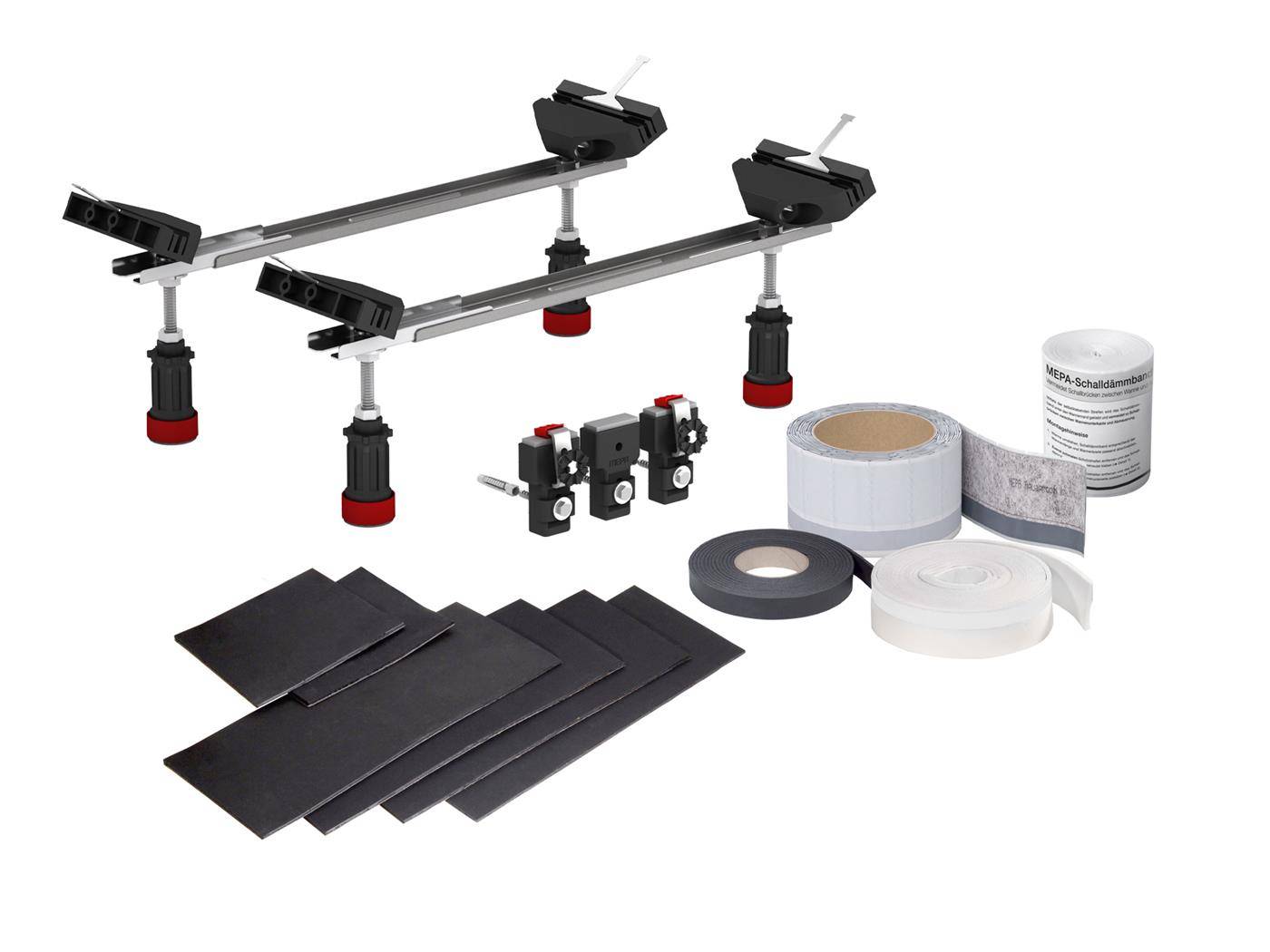 Garderobenmontage-Set mit zwei Metallschienen, verstellbaren Beinen, Halterungen, Klebeband-Rollen und schwarzen Paneelen/Komponenten auf weißem Hintergrund.