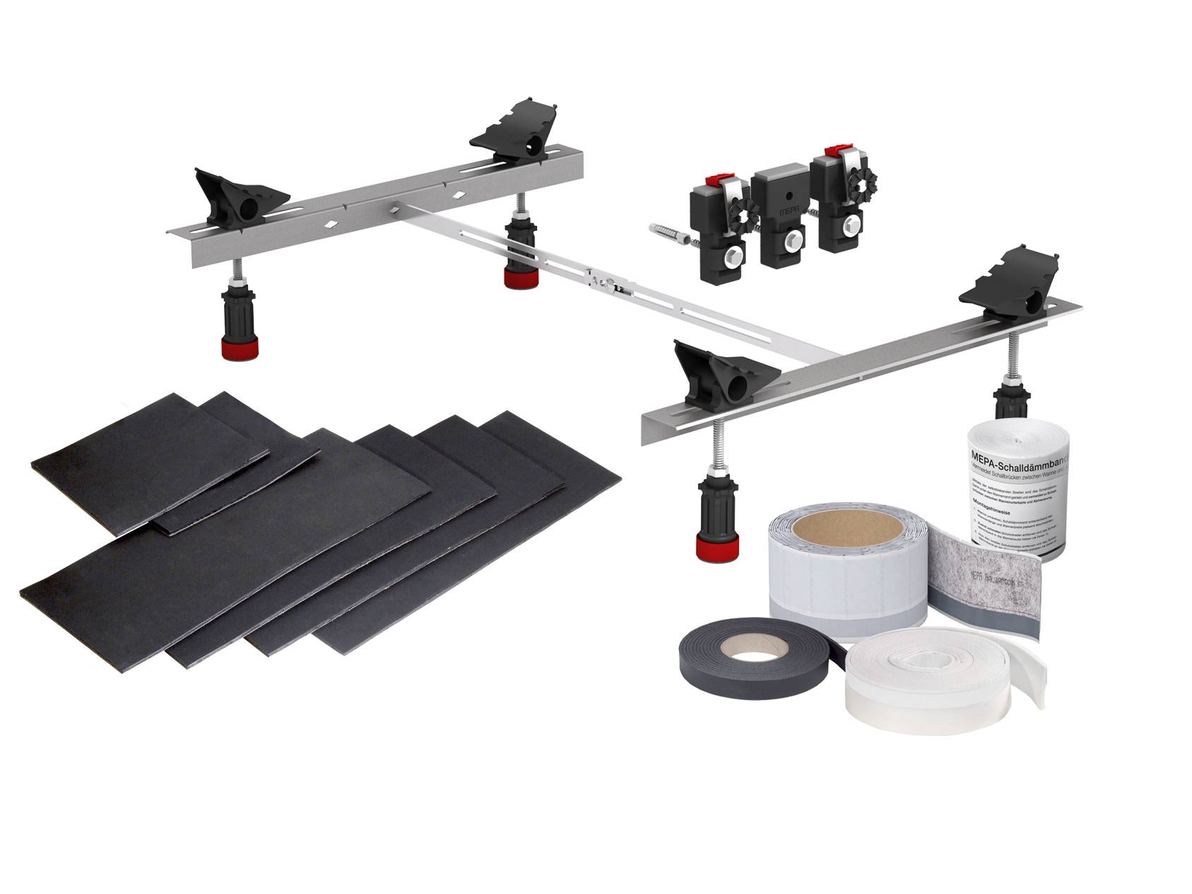 Dachdecker-Reparaturset, das Metallhalterungen, Isolierungsfolien, Klebebänder und Montagestützen umfasst, verwendet für Dachinstallation und -wartung.