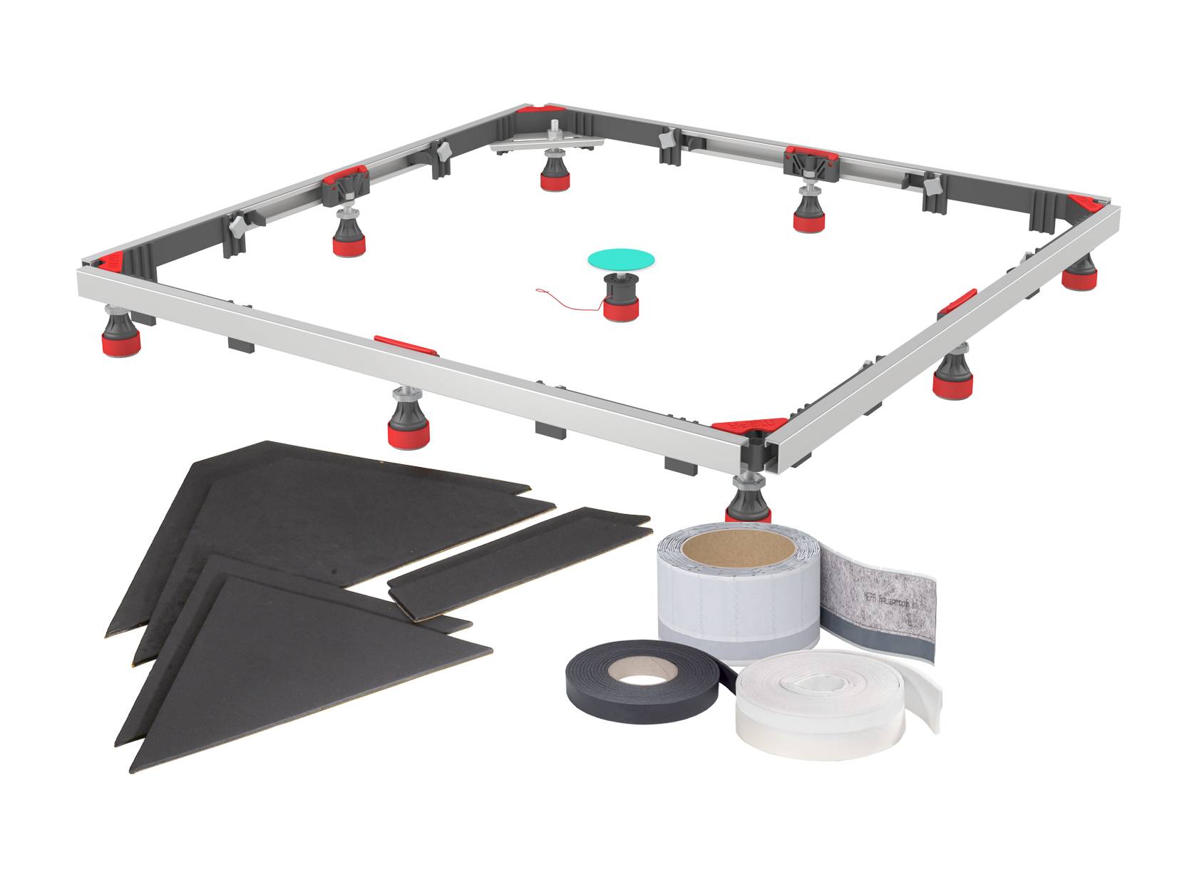 Eine Duschdiele mit Gefälle, bestehend aus einem Rahmen, verstellbaren Stützen, Schutzfolien, Rollen von Dichtungsband und einem Ablaufdeckel.