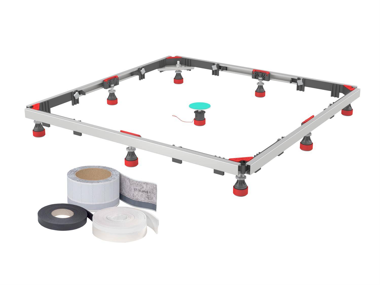 Erhobenes modulares Bodenstützgestell mit verstellbaren roten Sockeln und Klebe-/Klebebändern wie unten gezeigt, was ein erhöhtes Bodenbelagssystem veranschaulicht.