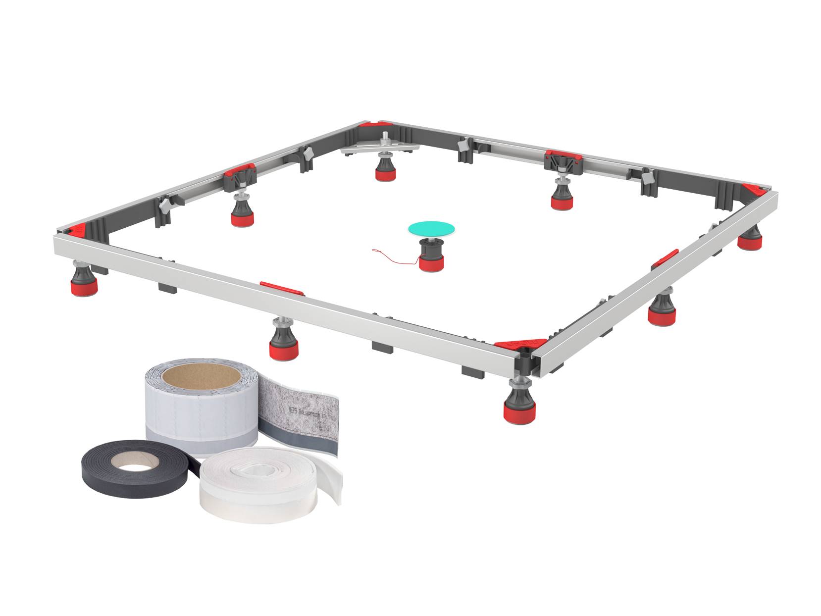 Duschdosen-Nivelliersystem mit verstellbaren Füßen, dargestellt in einem quadratischen Rahmen, mit Dichtband und Zubehör.