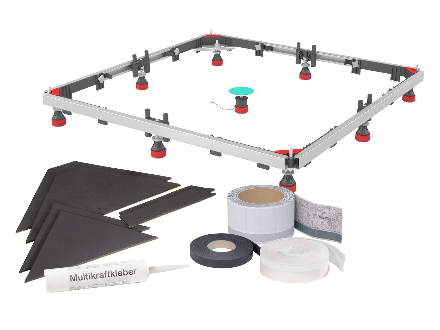 Ein Set zur Installation oder Reparatur von Oberflächen, einschließlich Klebstoff, Klebebandrollen, einem Schneidwerkzeug und modularen Rahmenbauteilen mit Stützstiften.