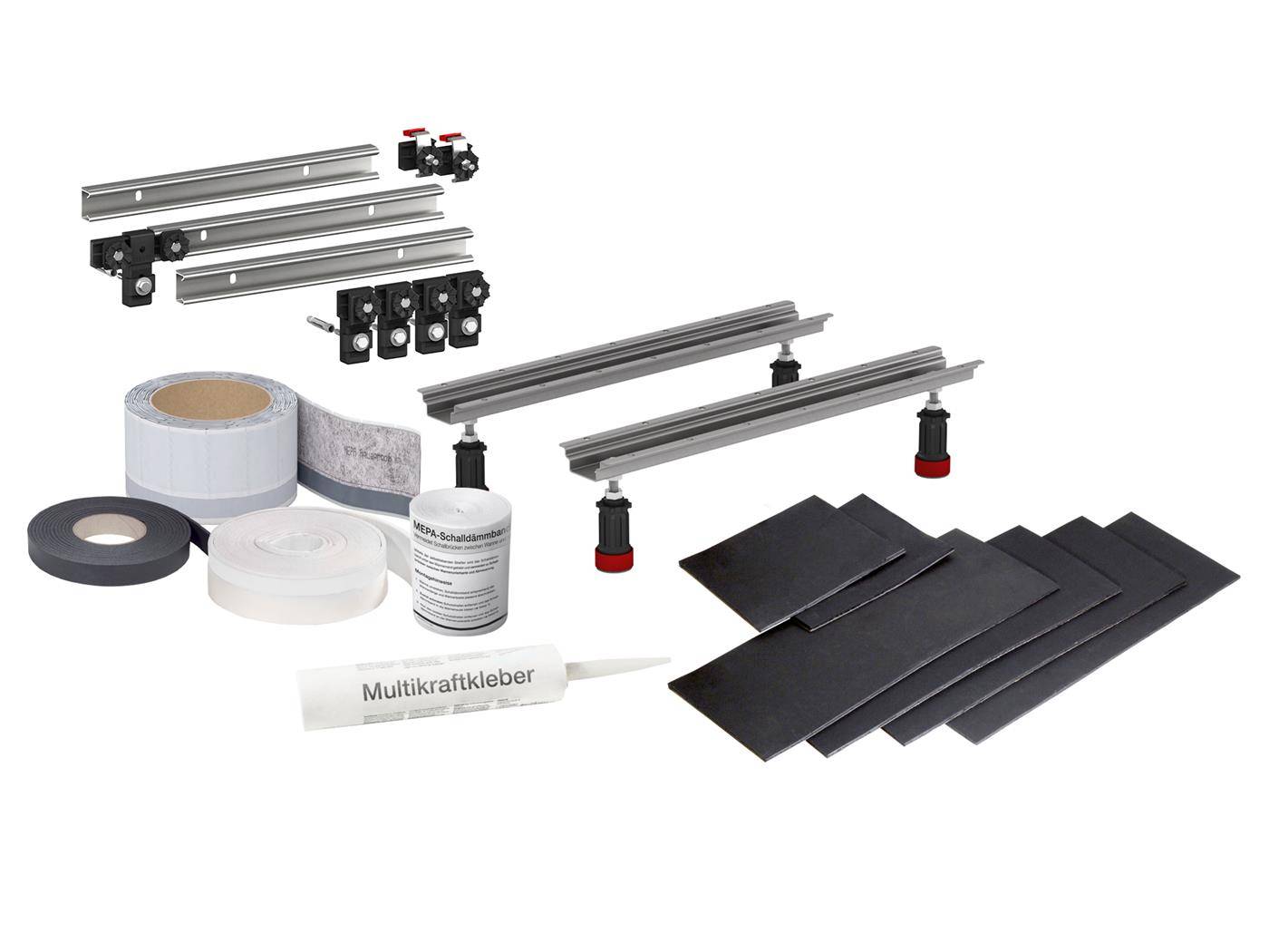 Satz von Installationshardware und Zubehör, bestehend aus Metallschienen, Befestigungselementen, Klebstoff, Klebebandrollen und schwarzen Platten, die auf weißem Hintergrund angeordnet sind.