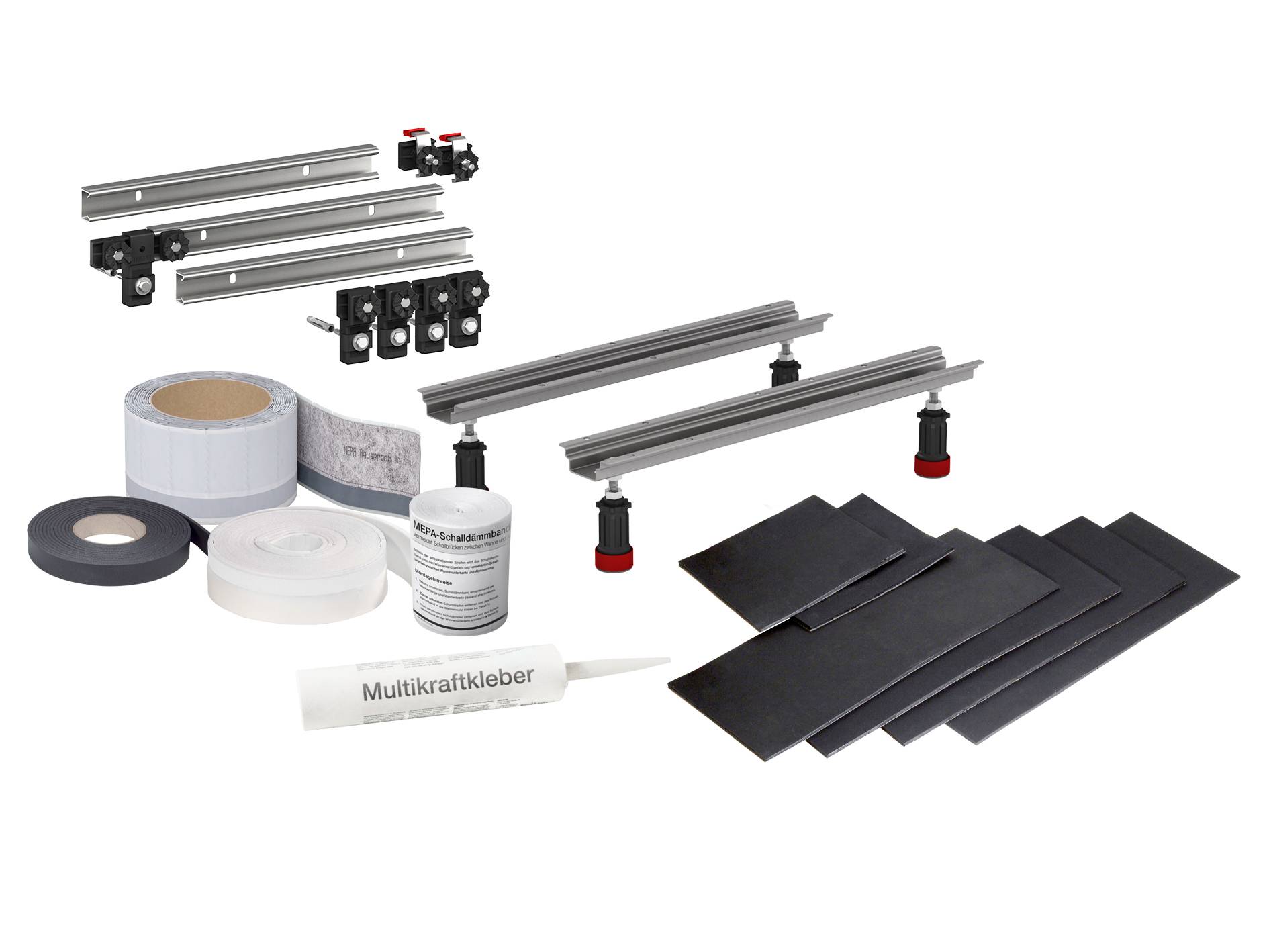 Ein Installationsset mit Metallhalterungen, Klebstoff, Haken, Dichtungsmitteln und Gummileisten für Heimwerker- oder Bauprojekte.