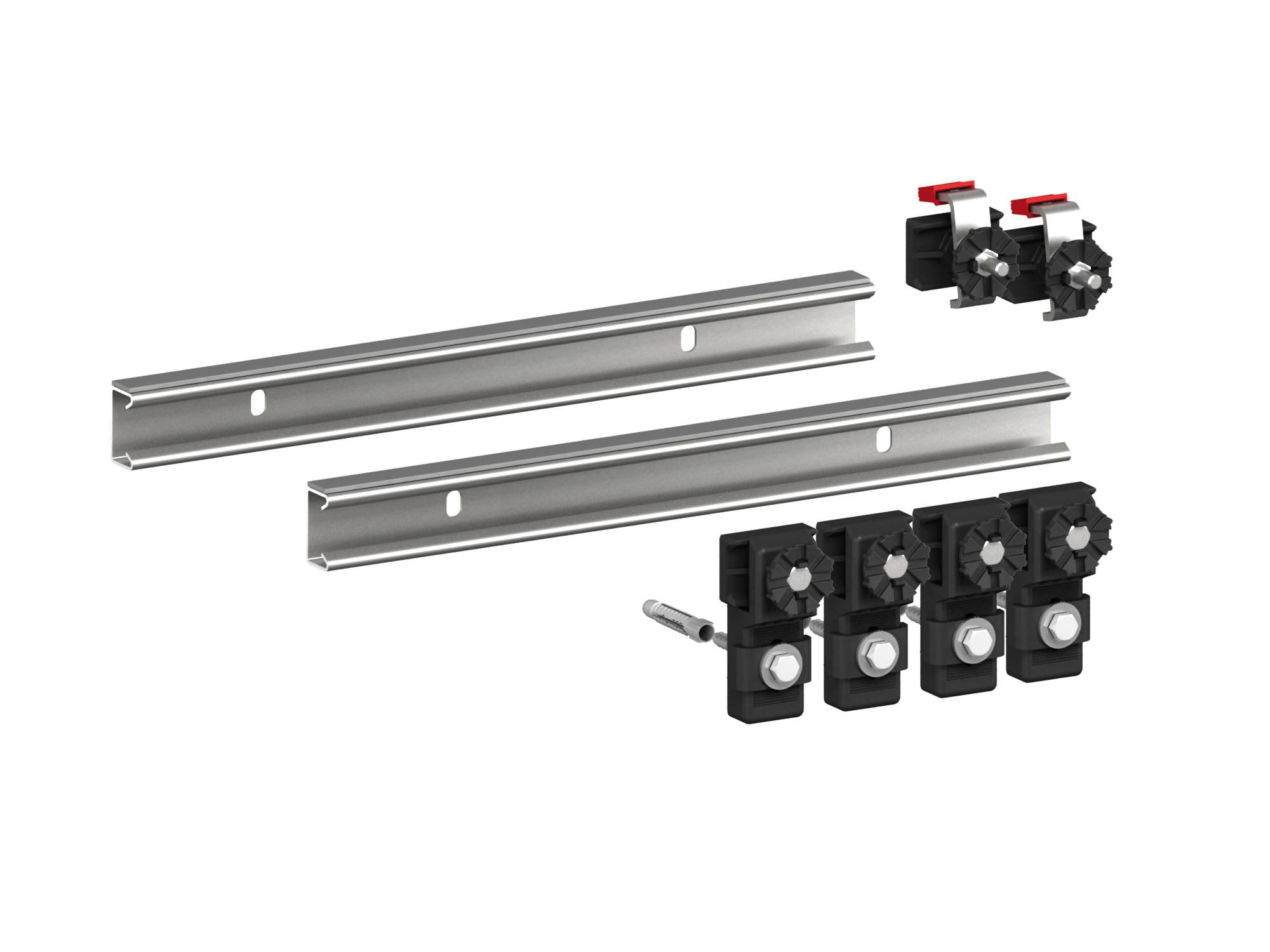 Montagekit mit zwei Metallschienen, verstellbaren Klammern und Befestigungselementen, konzipiert für die sichere Installation von mechanischen oder elektrischen Komponenten.