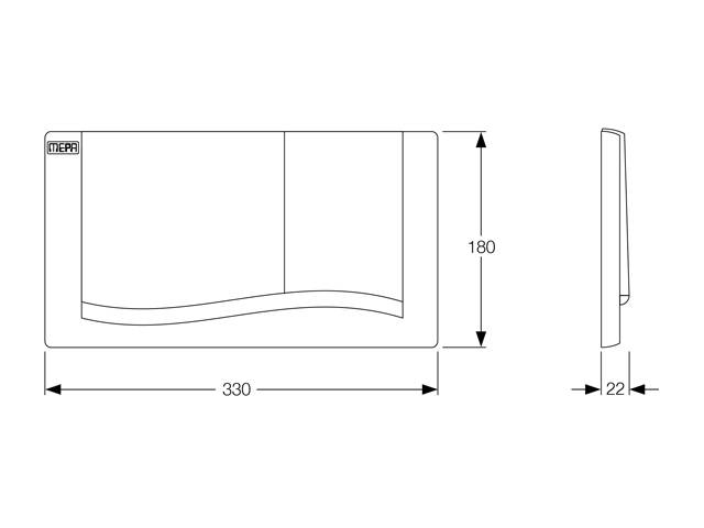 Diagramm zur Darstellung der Abmessungen eines rechteckigen Objekts: 330 Einheiten breit und 180 Einheiten hoch, mit einer gewellten Gestaltung an der linken Seite.