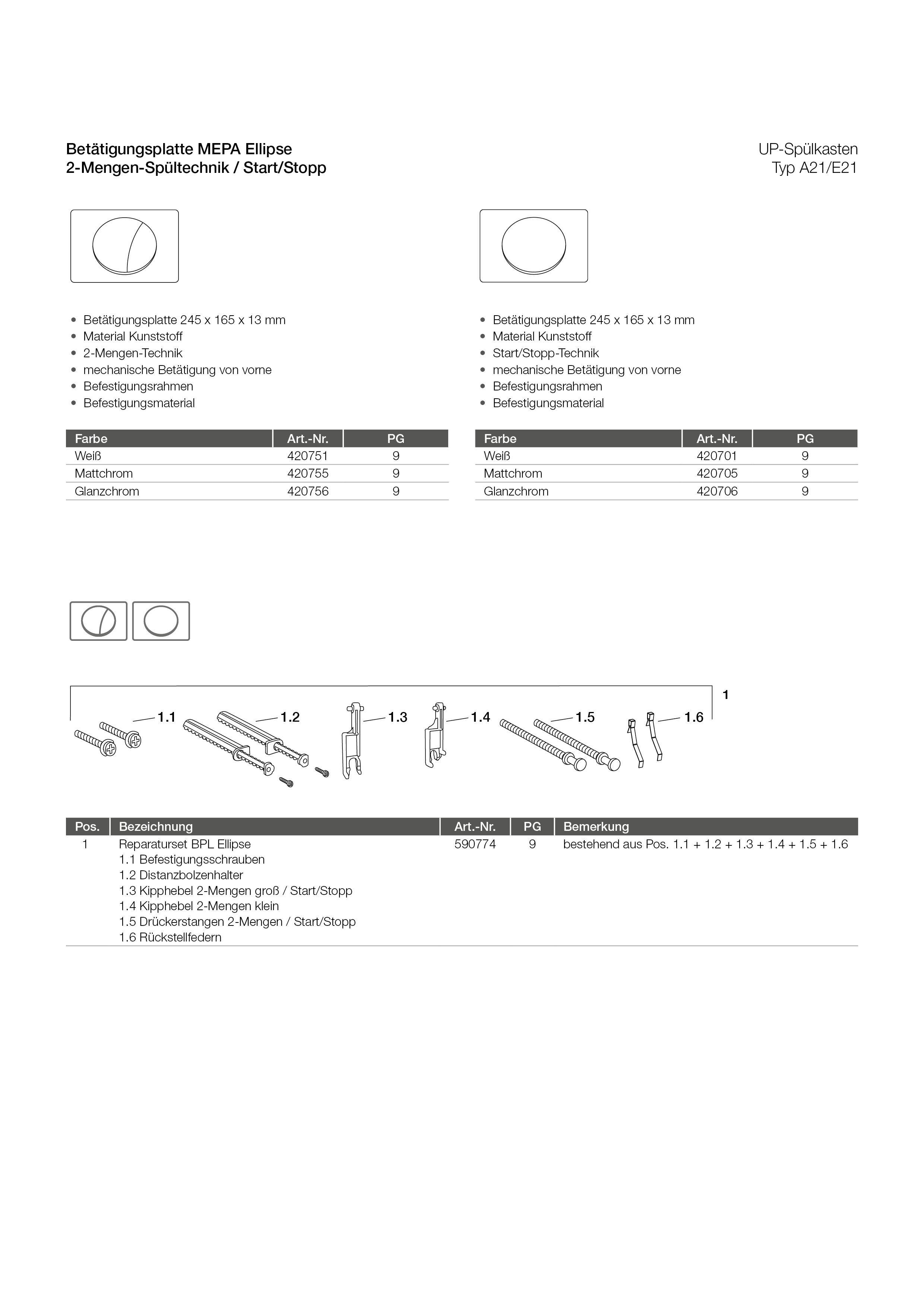 Diagramm mit Montageanleitungen für ein Produkt: zwei Versionen mit unterschiedlichen Längen (1.1 bis 1.6). Teile umfassen Stäbe und Verbindungselemente.