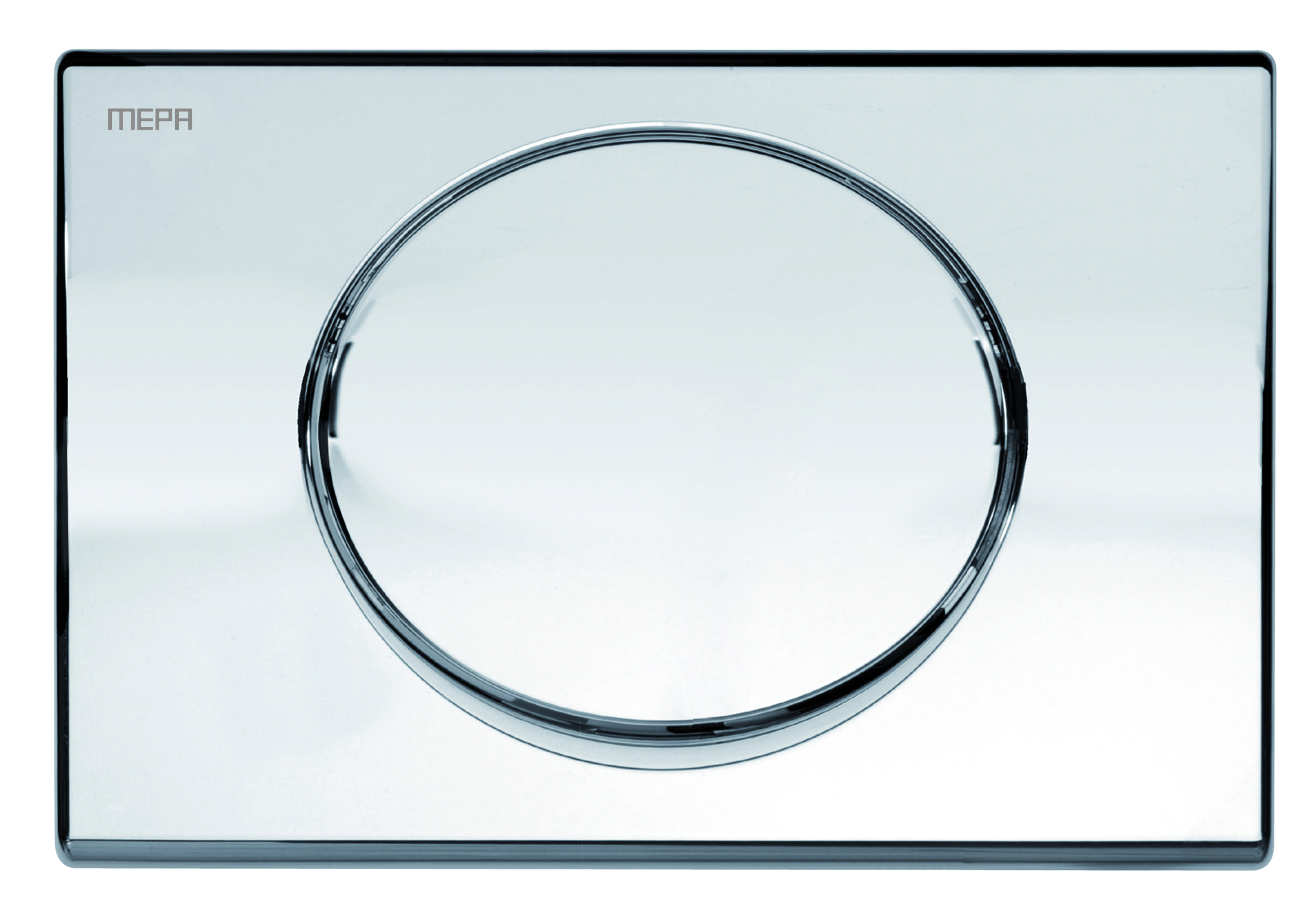 Ein verchromter runder Griff auf einer glatten, reflektierenden Oberfläche.