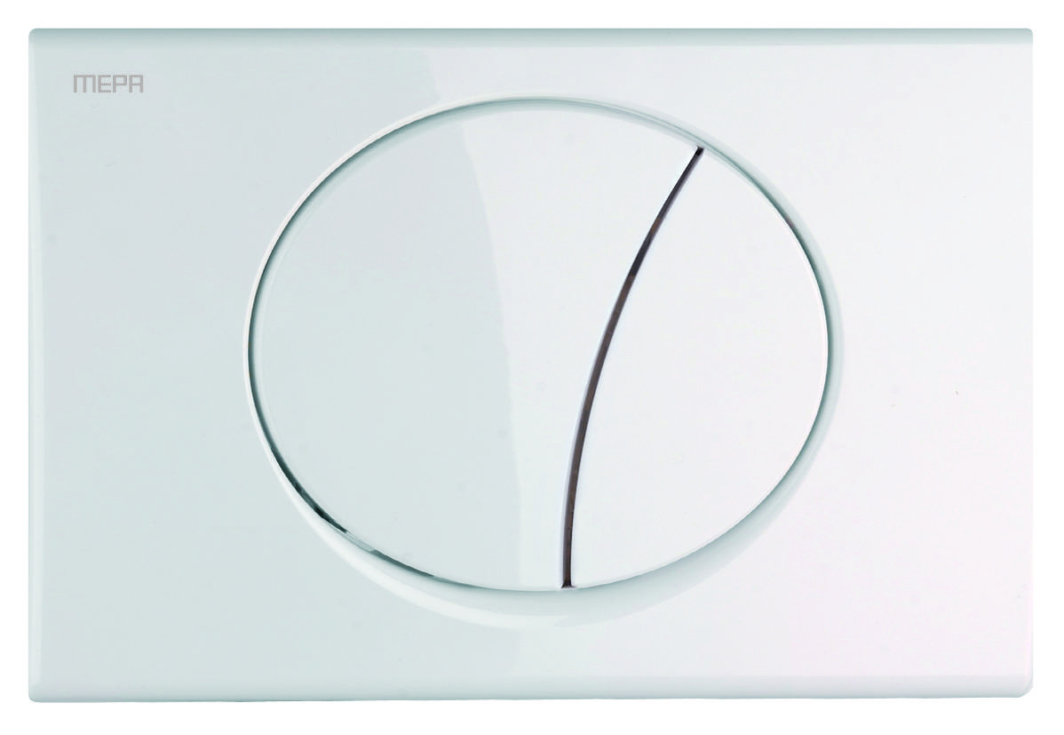 Eine weiße Betätigungsplatte für eine Toilette mit Zwei-Mengen-Spülung in ovaler Ausführung, die zwei Tasten für unterschiedliche Wasserdurchflussmengen aufweist.