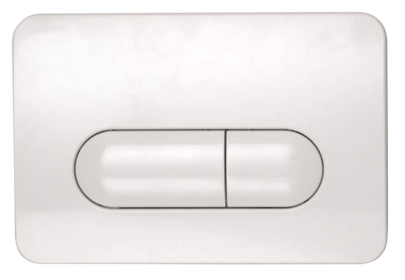 Weiße Dual-Flush-Toilettentaste auf einer rechteckigen Wandplatte.