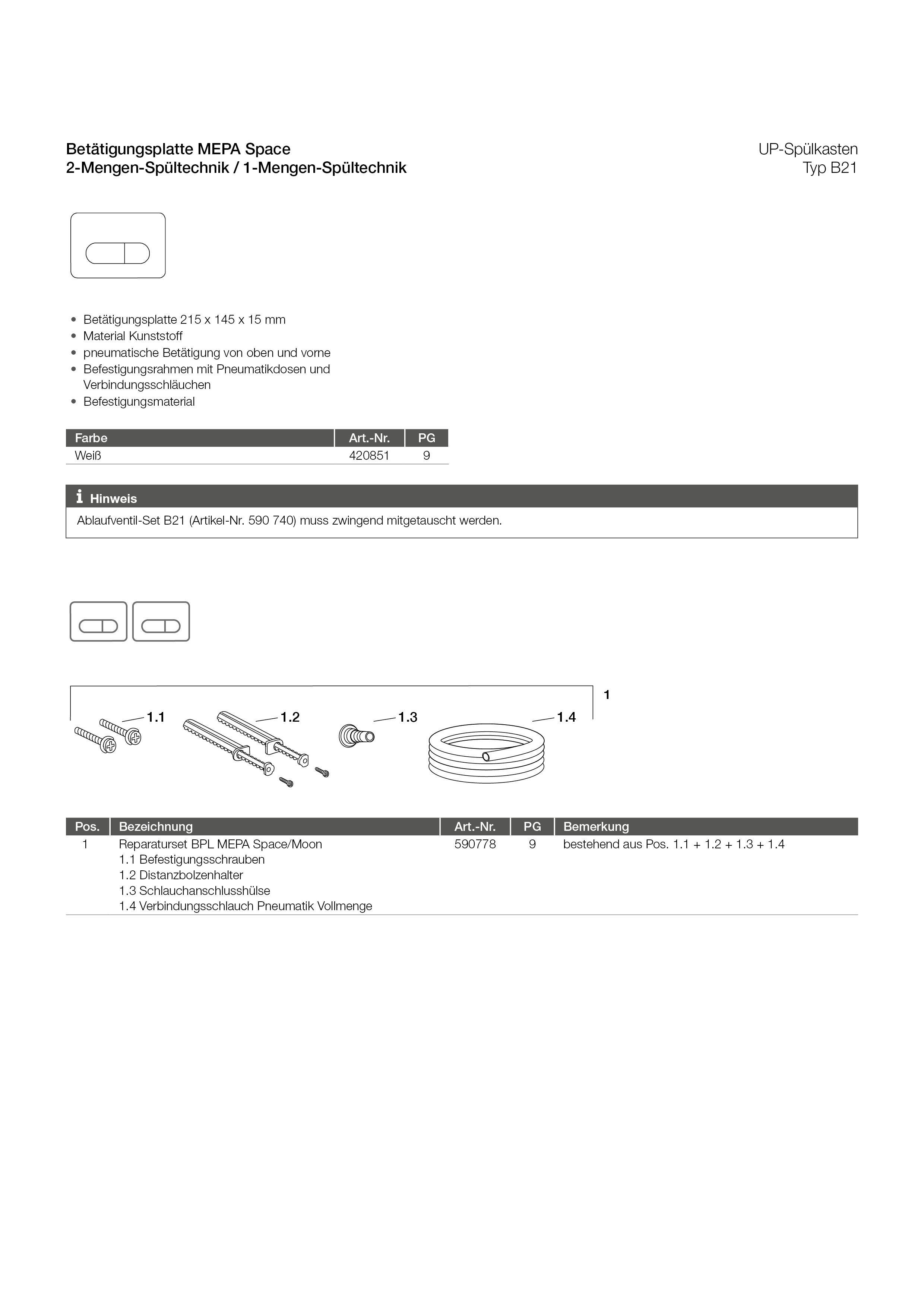 MEPAspace Betätigungsplatte für B21 2-Mengen, weiß
