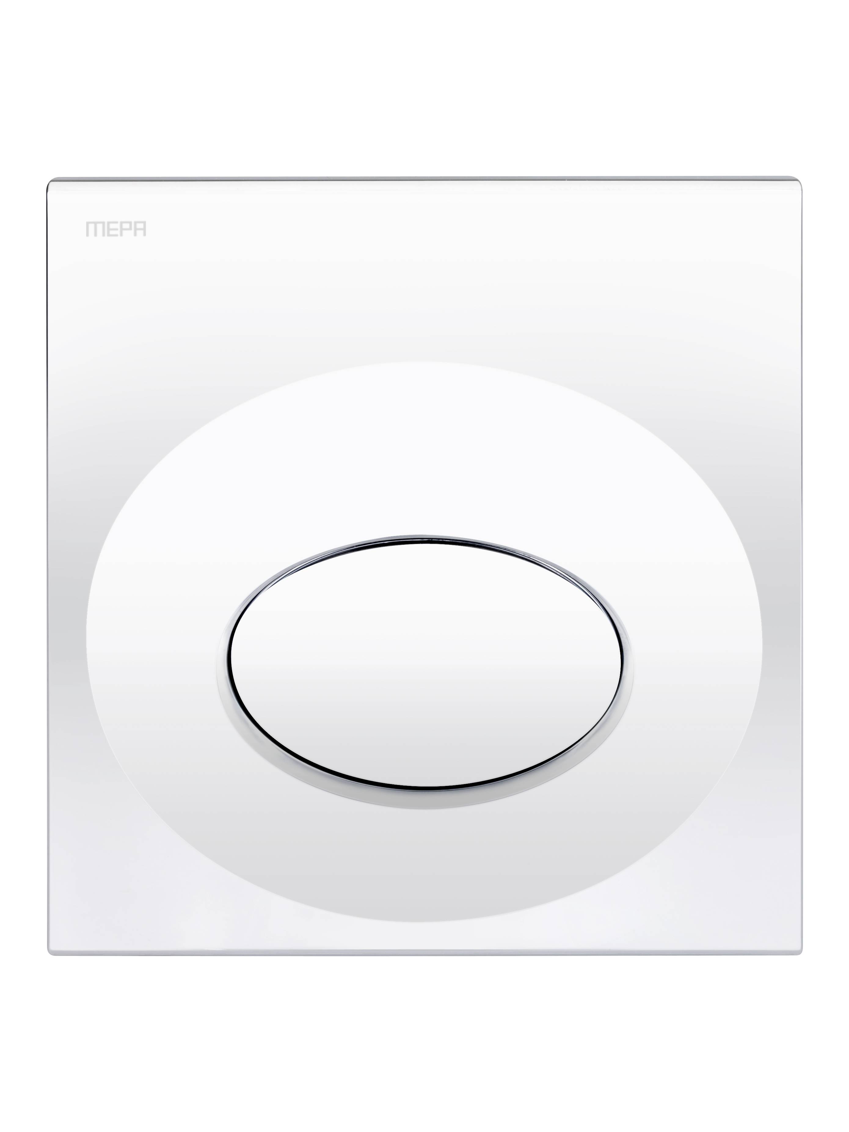 Ein weißer quadratischer Lichtschalter mit einem glänzenden, ovalen Knopf in der Mitte.