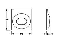 Quadratische Lüftungsabdeckung mit kreisförmigem Luftstrommuster, Abmessungen: 160 mm Breite, 143 mm Höhe, 24 mm Tiefe, Seiten- und Frontansicht.