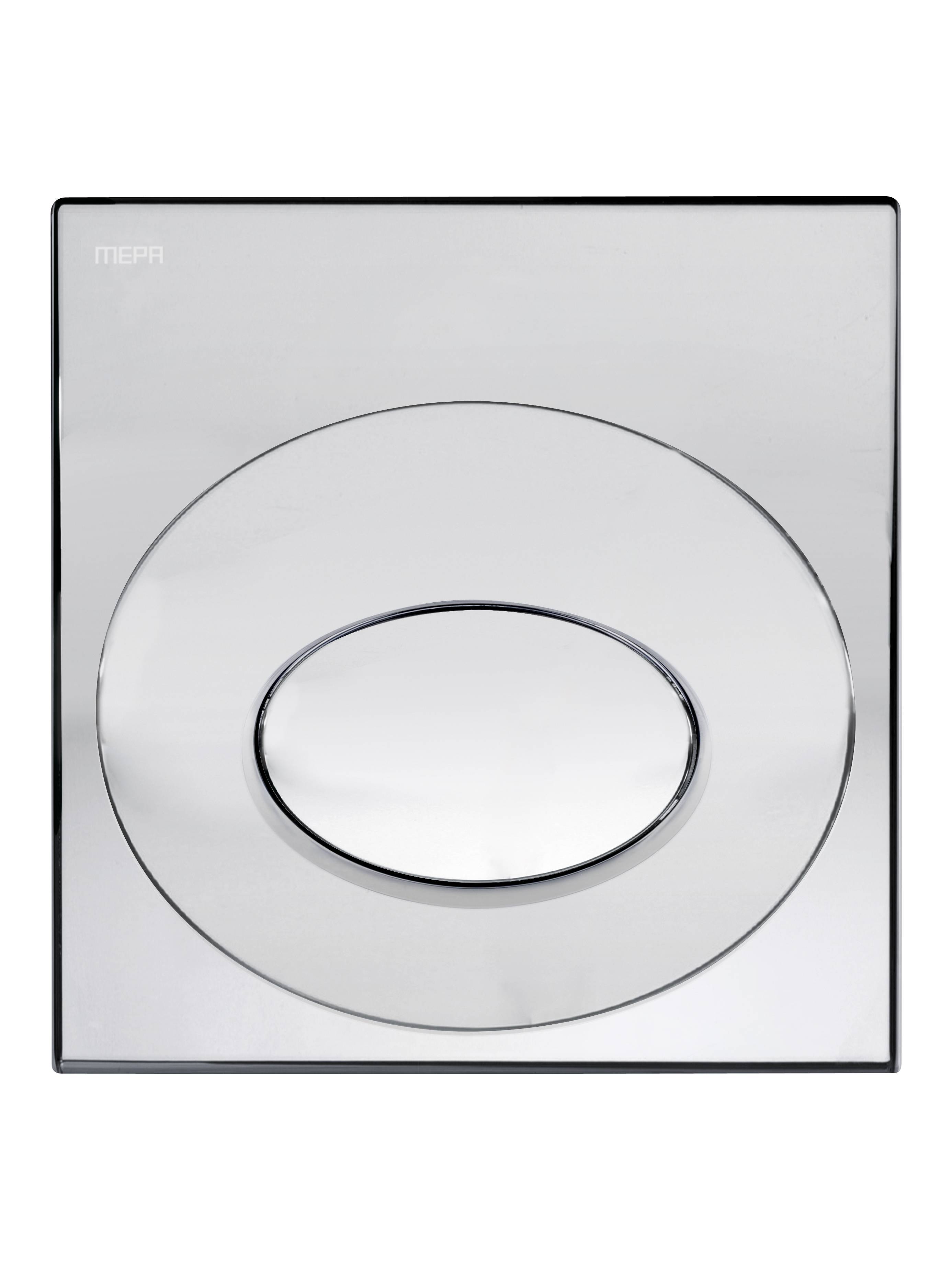 Quadratische metallische Abdeckplatte mit zwei kreisförmigen Betätigungstasten für die Toilettenspülung, die ein schlankes und modernes Design bietet.