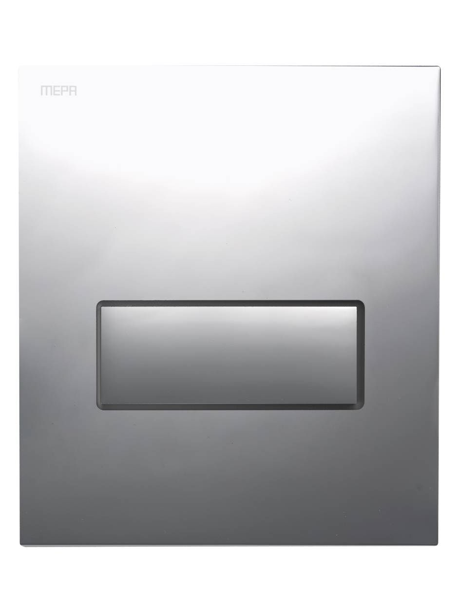 Eine elegante, minimalistische silberne Betätigungsplatte mit einem rechteckigen Knopf, die auf einer glatten Oberfläche montiert ist, wahrscheinlich Teil einer modernen Badezimmerausstattung.