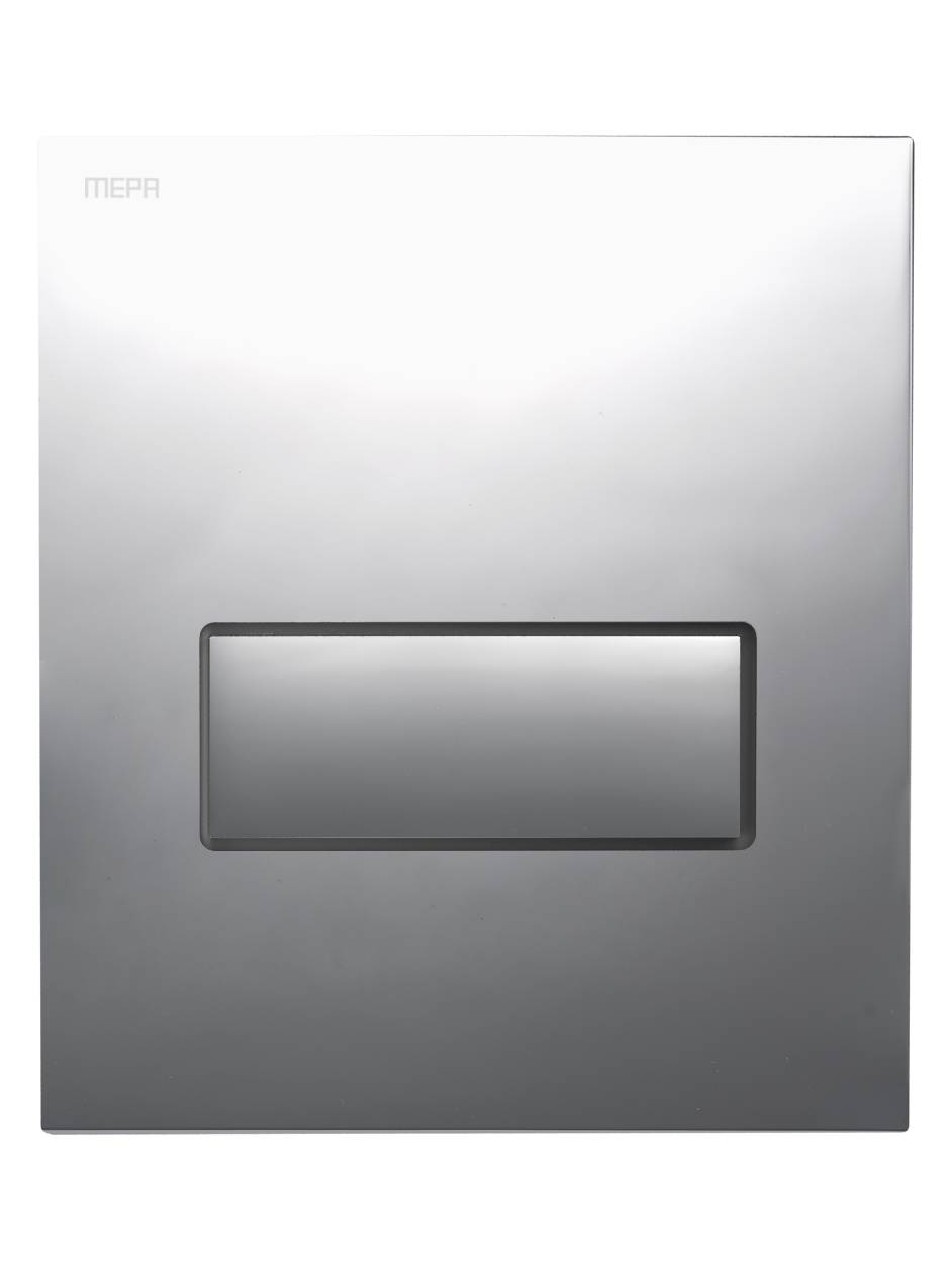 Eine verchromte rechteckige Blende mit schlankem, minimalistischem Design, die auf einer lichtreflektierenden Oberfläche montiert ist.