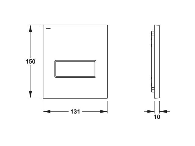 Diagramm einer quadratischen Wandplatte mit Abmessungen: 150 mm Höhe, 131 mm Breite und 10 mm Tiefe von der Seite sichtbar.