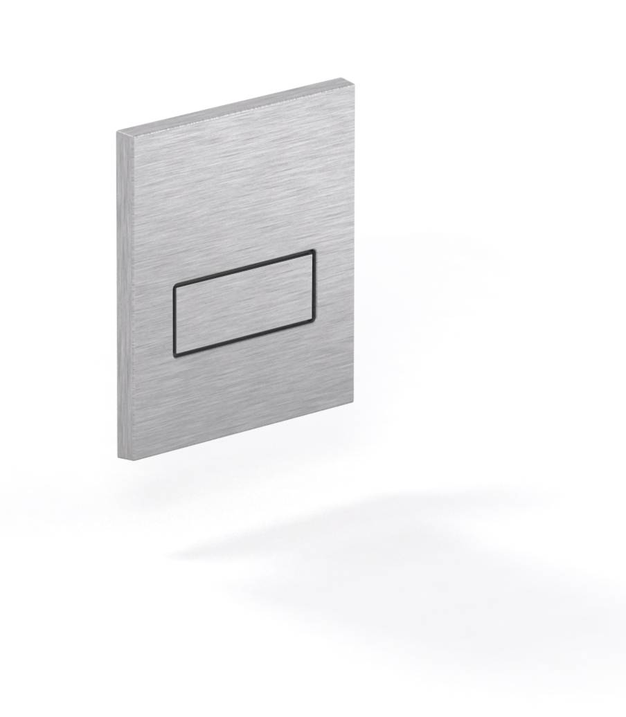 Ein rechteckiges Panel aus gebürstetem Metall mit einem zentralen rechteckigen Ausschnitt vor einem weißen Hintergrund.