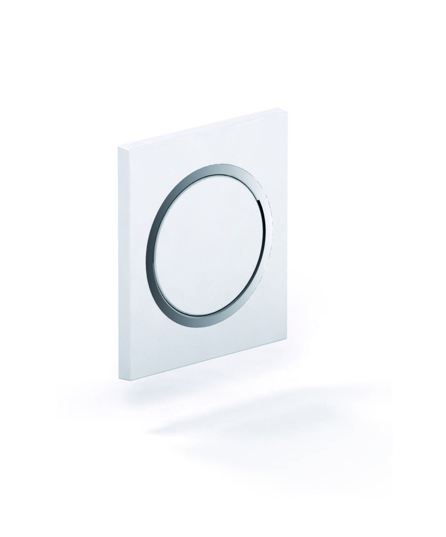 Ein weißes quadratisches Paneel mit einem kreisförmigen, vertieften, silbernen Türgriff in der Mitte. Das Design ist modern und minimalistisch.