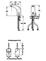 Technische Zeichnung eines Wasserhahns mit zwei Wasserlinien, versehen mit Maßangaben und Beschriftungen, die Rohrdurchmesser und maximale Höhe anzeigen.