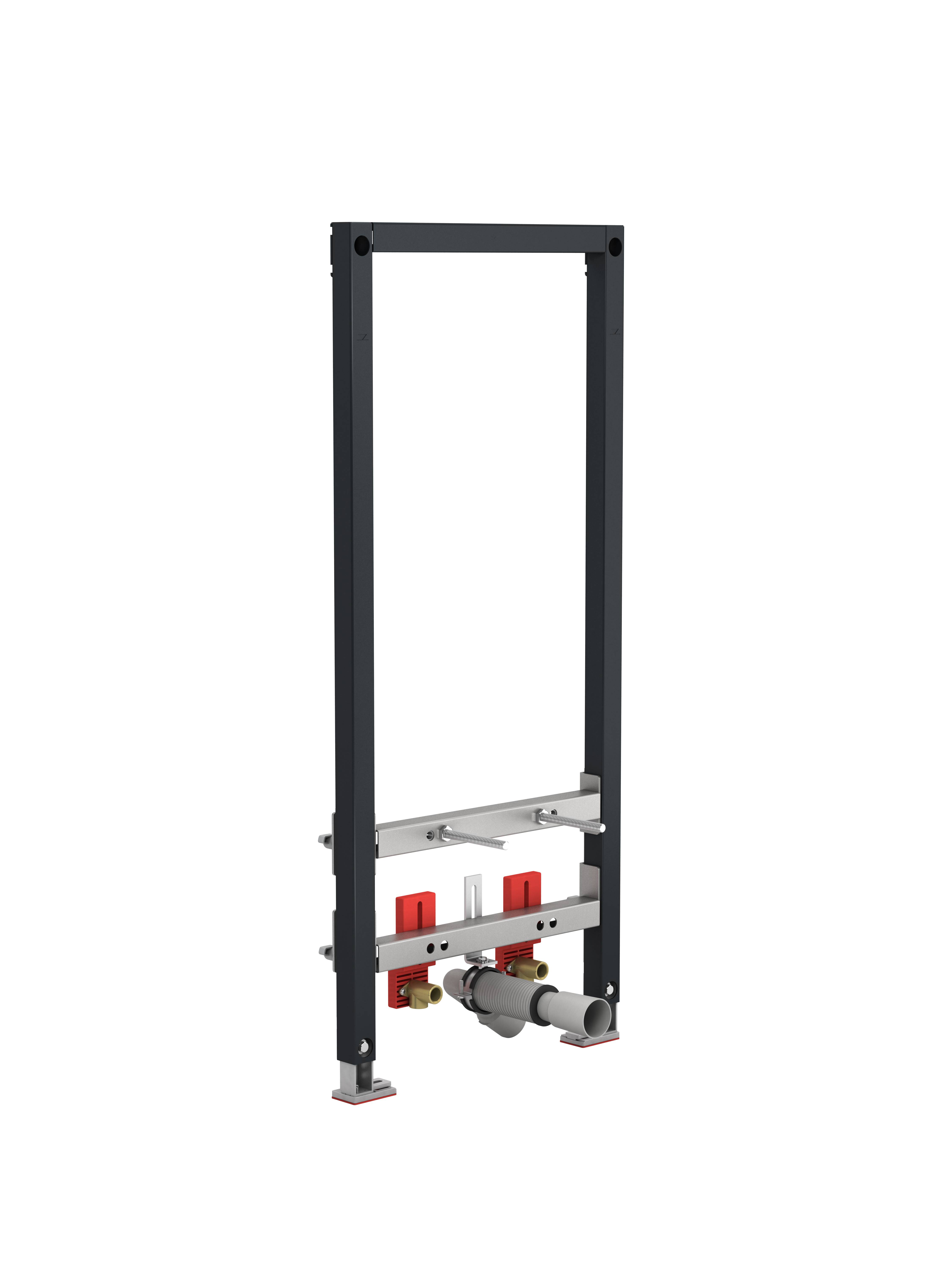 Ein Metallwandrahmen zur Installation einer Sanitärstruktur mit zwei roten Komponenten und zwei hervorstehenden Rohren am unteren Ende.