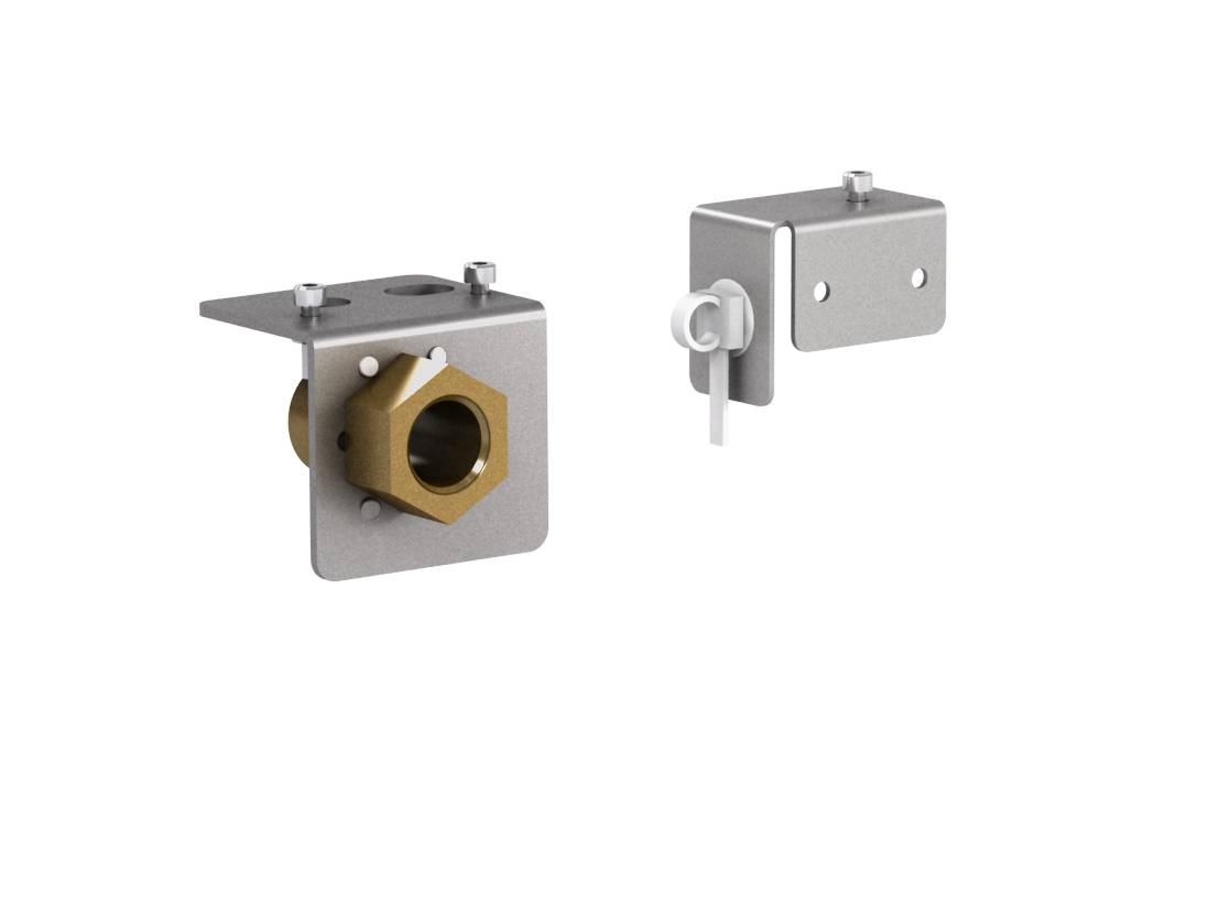 Zwei Metallbefestigungshalterungen, eine mit einem sechseckigen Anschluss und eine mit einem zylindrischen Befestigungselement, abgebildet vor einem neutralen Hintergrund.