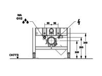 Technische Zeichnung eines mechanischen Bauteils mit beschrifteten Maßangaben und Symbolen für Wassereinlass und elektrische Anschlusspunkte. Enthält den Text: WA G 1/2.