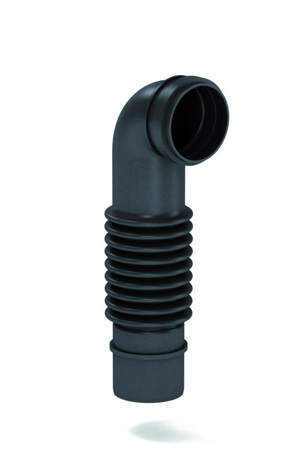 Ein schwarzes, flexibles Wellrohr mit einer 90-Grad-Biegung, das in Drainage- oder Belüftungssystemen verwendet wird.