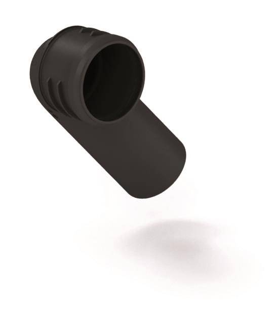 Ein schwarzes Kunststoff-Trichterfitting mit breiter kreisförmiger Öffnung und abgewinkeltem Auslass, dargestellt auf weißem Hintergrund.